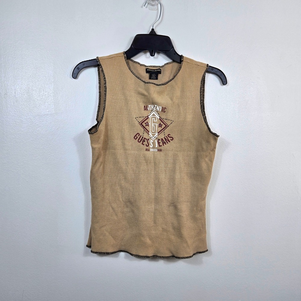 Guess Womens Y2K Tan Waffle‎ Contrast Trim Sleeves Tank Large Vintage Ribbed 90s